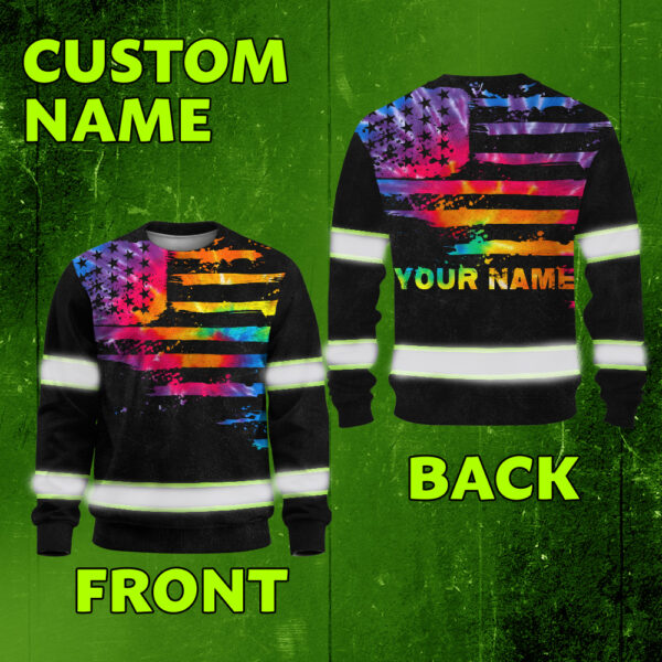 Hi Vis Long Sleeve Shirt Reflective Tapes Rainbow Tie Dye US Flag Custom Name-size