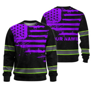 Hi Vis Long Sleeve Shirt Reflective Tapes Violet Neon US Flag Custom Name