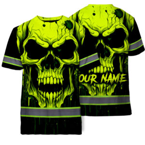 Hi Vis Shirts Reflective Lime Neon Skull Custom Name Safety Workwear For Runners, Cyclists, Skull Lover