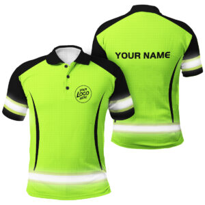 Hi Vis Polo Shirts Reflective Tapes Green Neon And Black Uniform Custom Name And Logo Safety Workwear