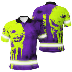 Hi Vis Polo Shirts Reflective Black Pattern Skull Custom Name Safety Workwear For Runners, Truckers, Skull Lovers