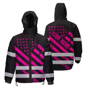 Hi Vis Jacket Waterproof And Windproof Reflective Black And Pink Neon USA Flag