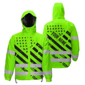 Hi Vis Jacket Waterproof And Windproof Reflective Black Green USA Flag