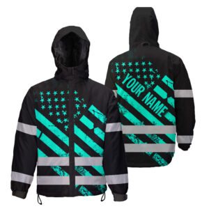 Hi Vis Jacket Waterproof And Windproof Reflective Black Mint Green Neon USA Flag