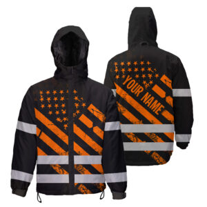 Hi Vis Jacket Waterproof And Windproof Reflective Black Orange USA Flag
