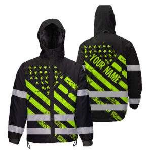 Hi Vis Jacket Waterproof And Windproof Reflective Green Black USA Flag