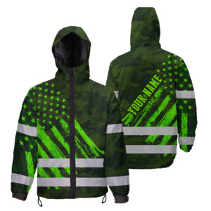 Hi Vis Jacket Waterproof And Windproof Reflective Green Neon Camo US Flag