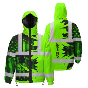 Hi Vis Jacket Waterproof And Windproof Reflective Green Neon Skull US Flag Scratch