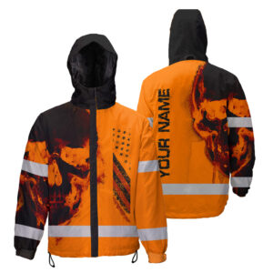 Hi Vis Jacket Waterproof And Windproof Reflective Skull US Flag Orange Neon