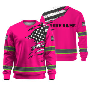 Hi Vis Long Sleeve Shirt Reflective Scratch Pink Neon US Flag Custom Name