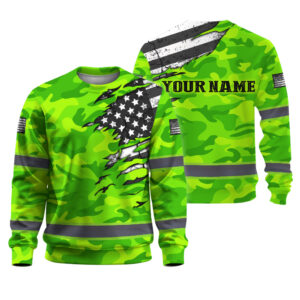 Hi Vis Long Sleeve Shirt Reflective Scratch Green Camo Neon US Flag Custom Name