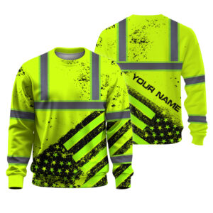 Hi Vis Long Sleeve Shirt Reflective Tapes Yellow Neon USA Flag Safety Workwear