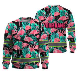 Hi Vis Long Sleeve Shirt Reflective Tapes Pink Flamingo Flower Hawaiian Custom Name Safety Workwear For Woman