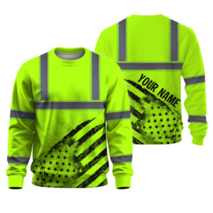 Hi Vis Long Sleeve Shirt Reflective Green Black US Flag Custom Name Safety