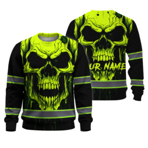 Hi Vis Long Sleeve Shirt Reflective Lime Neon Skull Custom Name Safety Workwear