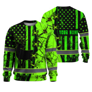 Hi Vis Long Sleeve Shirt Reflective Deer Hunting US Flag Custom Name Safety Workwear