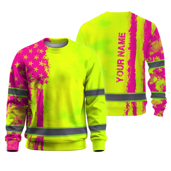509AIIARL004- Hi Vis Long Sleeve Shirt Reflective Tapes Yellow And Pink Neon US Flag Custom Name 1