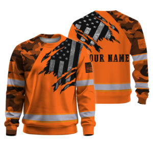High Visibility Long Sleeve Shirt Reflective Camo Orange Neon Scratch US Flag Custom Name Safety Workwear