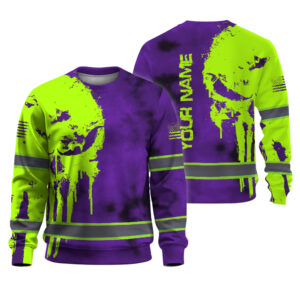 Hi Vis Long Sleeve Shirt Reflective Black Pattern Skull Custom Name Safety Workwear For Workers, Runners, Truckers, Skull Lovers