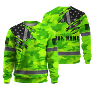 Hi Vis Long Sleeve Shirt Reflective Scratch Camo Green Neon US Flag Safety Workwear