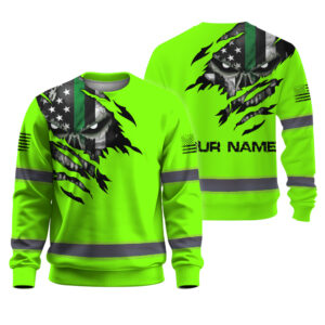 High Visibility Long Sleeve Shirt Green Skull US Flag Custom Name Reflective Safety Workwear For Runners, Truckers, Skull Lovers