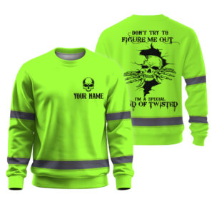 Hi Vis Long Sleeve Shirt Green Neon Reflective Customize Name Safety Workwear For Workers, Runners, Truckers, Skull Lovers