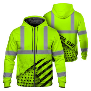 Hi Vis  Zip Hoodie Reflective Green Black US Flag Custom Name Safety