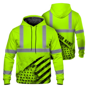 Hi Vis Hoodie Reflective Green Black US Flag Custom Name Safety