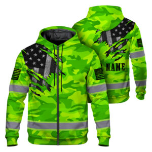 Hi Vis Zip Hoodie Reflective Scratch Camo Green Neon US Flag Safety Workwear