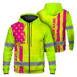 Hi Vis Zip Hoodie Shirt Reflective Tapes Yellow And Pink Neon US Flag Custom Name