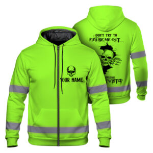 Hi Vis Zip Hoodie Green Neon Reflective Customize Name Safety Workwear For Workers, Runners, Truckers, Skull Lovers