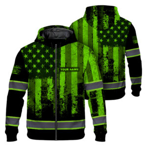 Hi Vis Zip Hoodie Reflective Flag USA Custom Name Safety Workwear
