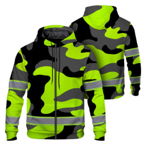 Hi Vis Zip Hoodie Reflective Green Camo Safety For Workers, Runners, Cyclists, Patriotic