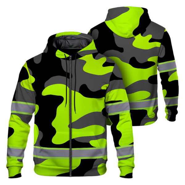 Hi Vis Zip Hoodie Reflective Green Camo Safety For Workers, Runners, Cyclists, Patriotic 1