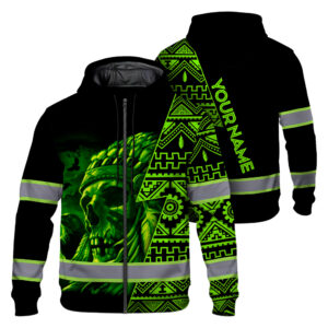 Hi Vis Zip Hoodie Reflective Skull Green Neon Native Custom Name