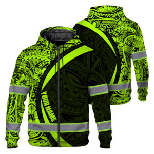 Hi Vis Zip Hoodie Reflective Tapes Hawaiian Polynesian Tribal Custom Name
