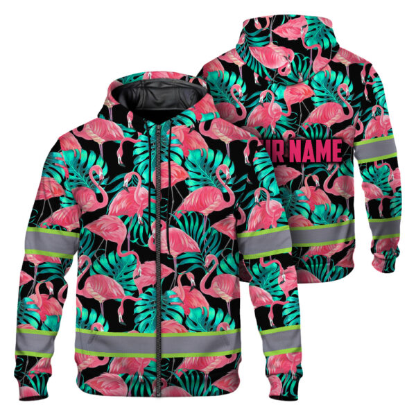 Hi Vis Zip Hoodie Reflective Tapes Pink Flamingo Flower Hawaiian Custom Name 1