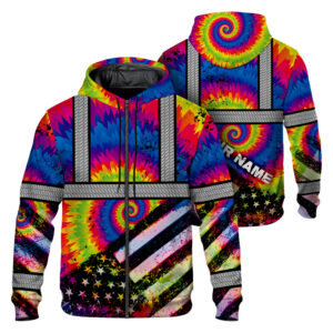 Hi Vis Zip Hoodie Reflective Tie Dye 2 US Flag Paint Safety Workwear For Worker, Motorcycle Bicycle, Runner