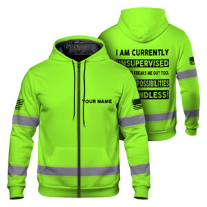 Hi Vis Zip Hoodie Unsupervised Green Custom Name Logo Company Safety Workwear Reflective Long Sleeve For Construction Worker