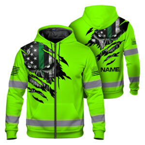 High Visibility Zip Hoodie Green Skull US Flag Custom Name Reflective Safety Workwear For Runners, Truckers, Skull Lovers