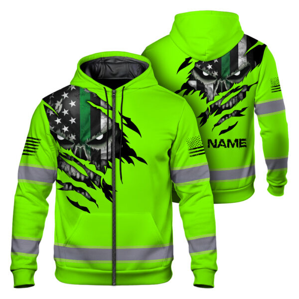 High Visibility Zip Hoodie Green Skull US Flag Custom Name Reflective Safety Workwear For Runners, Truckers, Skull Lovers 1