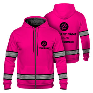 High Visibility Zip Hoodie Pink Neon Custom Name, Logo And Company Reflective Safety Workwear