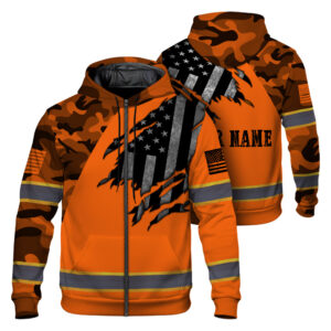 High Visibility Zip Hoodie Reflective Camo Orange Neon Scratch US Flag Custom Name Safety Workwear