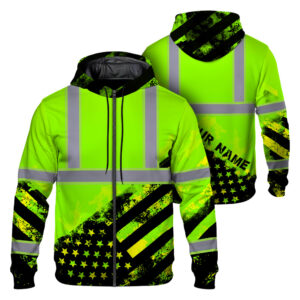 High Visibility Zip Hoodie Reflective Green American Flag Custom Name Safety Workwear