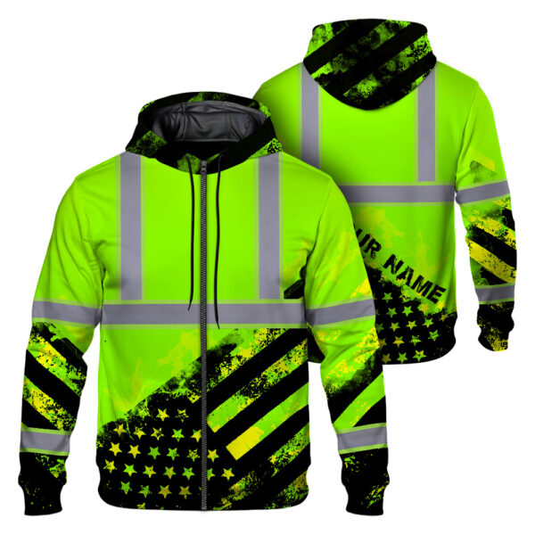 High Visibility Zip Hoodie Reflective Green American Flag Custom Name Safety Workwear 1