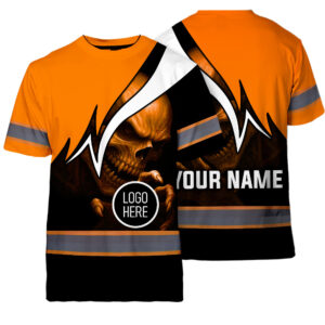 Hi Vis Shirt Reflective Tapes Uniform Black Orange Neon Skull Custom Name And Logo Safety Workwear For Workers, Teams, Group, Company