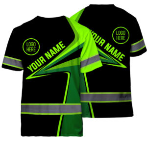 Hi Vis Shirt Reflective Tapes Uniform  Green Neon 4 Custom Name And Logo Safety Workwear For Workers, Teams, Group, Company