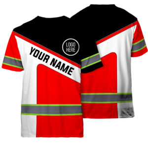 Hi Vis Shirt Reflective Tapes Uniform Red Neon Custom Name And Logo Safety Workwear For Workers, Teams, Group, Company