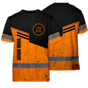 Hi Vis Shirt Reflective Tapes Uniform Black Orange Neon 3 Custom Name And Logo Safety Workwear For Workers, Teams, Group, Company