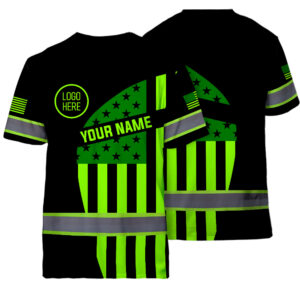 Hi Vis Shirt Reflective Tapes Uniform Black And Green Neon Custom Name And Logo Safety Workwear For Workers, Teams, Group, Company